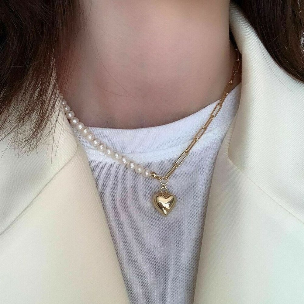 Pearl Necklace Love Heart Lariat Pendant Necklace